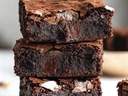 Три стекащи се брaуни с интензивен шоколадов вкус, показващи плътната си, влажна текстура и леко напукана коричка на върха. Видно е мекото и гъсто съдържание, което подчертава съставките на тестото.
